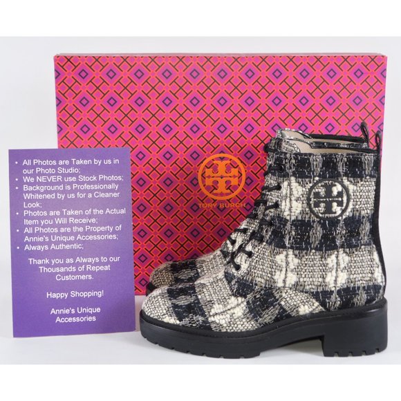 New Tory Burch MILLER Lug Sole Tweed Leather 50 mm Bootie Combat Boots - Picture 3 of 13